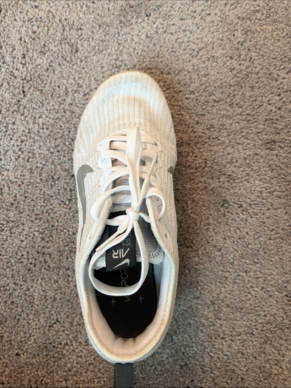 Nike White Knit Running Shoe with Silver Swoosh